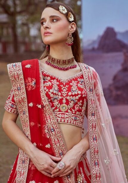 Red Embroidered Silk Lehenga Set