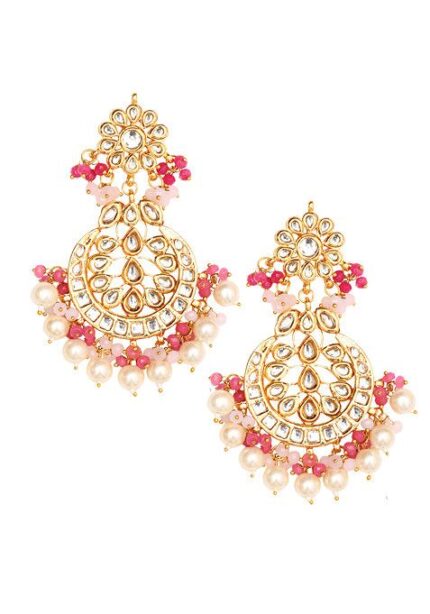 Pink Bead Pearl Kundan Handcrafted Maangtika With Earrings