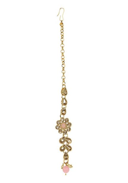 Pink Gold Plated Kundan Necklace Set With Maang Tikka