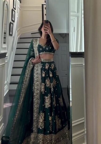 Green Sequin Thread Embroidered Satin Silk Lehenga Set