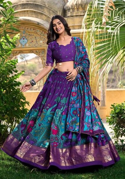Purple Kalamkari Print Tussar Silk Lehenga Set