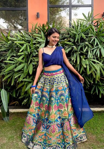 Navy Blue Banarasi Silk Zari Work Lehenga Set