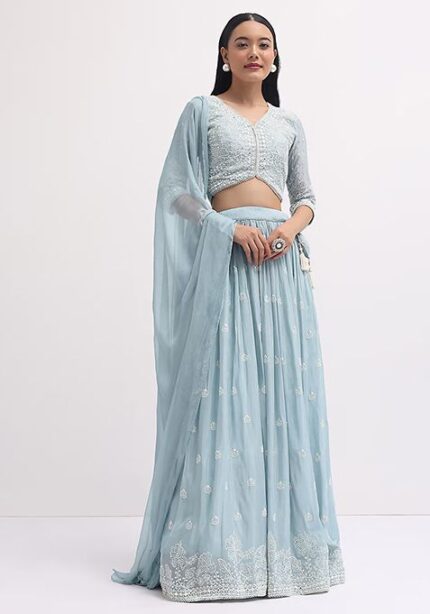 Light Blue Sequin Embroidered Faux Georgette Lehenga Set