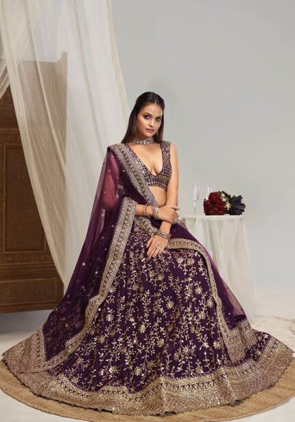 Wine Zari Sequin Embroidered Georgette Lehenga Set