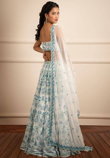 Sky Blue Sequin Thread Embroidered Georgette Lehenga Set