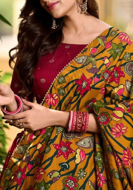 Red Kalamkari Print Tussar Silk Lehenga Set