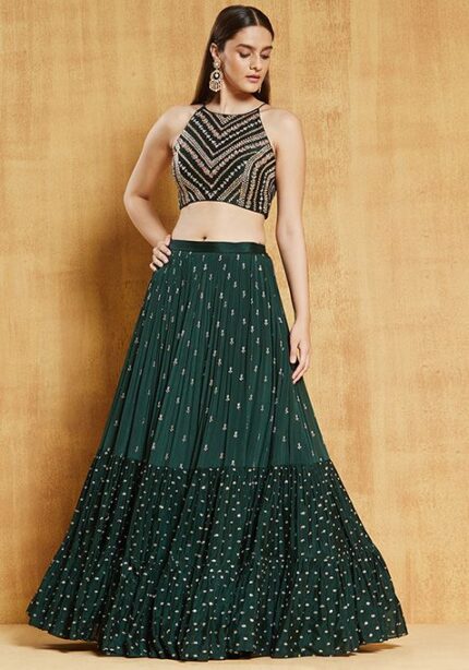 Green Sequin Embroidered Georgette Lehenga Set