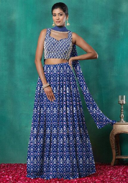 Navy Blue Lehenga Set With Geometric Pearl Hand Embroidered Blouse And Choker Dupatta