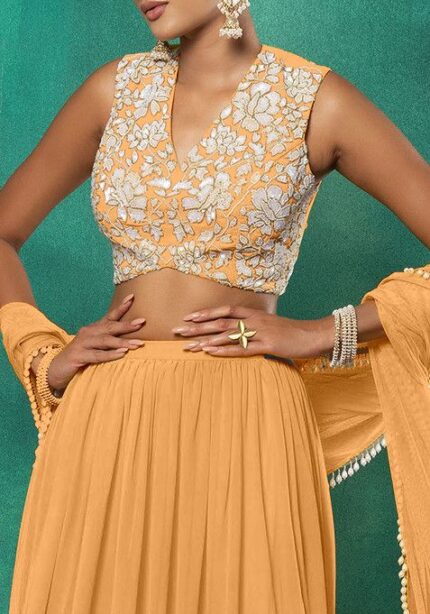 Peach Lehenga Set With Floral Sequin Hand Embroidered Blouse And Dupatta