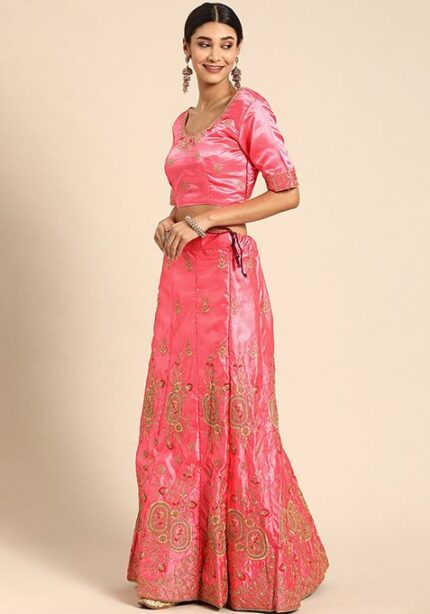Pink Thread Embroidered Satin Silk Lehenga Set