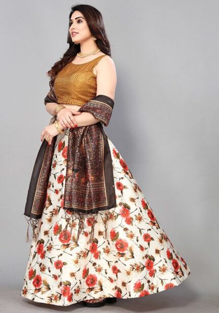 Mehendi Digital Print Satin Silk Lehenga Set