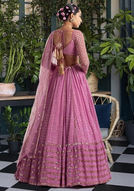 Pink Sequin Thread Embroidered Faux Georgette Lehenga Set