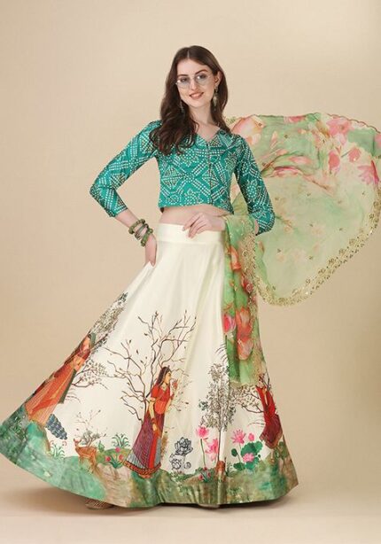 Green Digital Print Lehenga Set