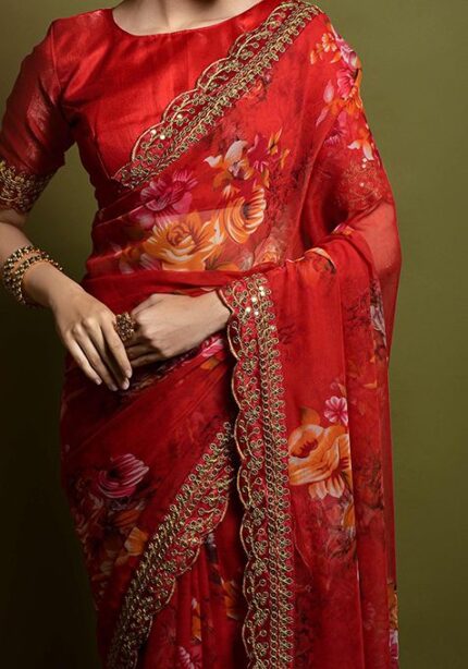 Red Aari Embroidered Georgette Saree Set