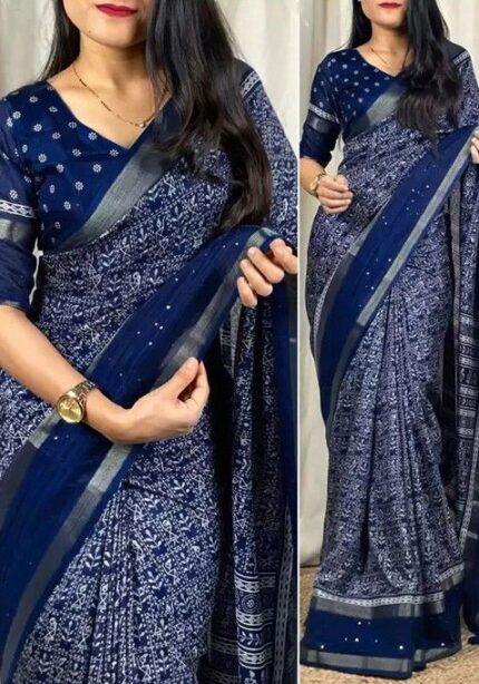 Navy Blue Floral Art Silk Saree Set