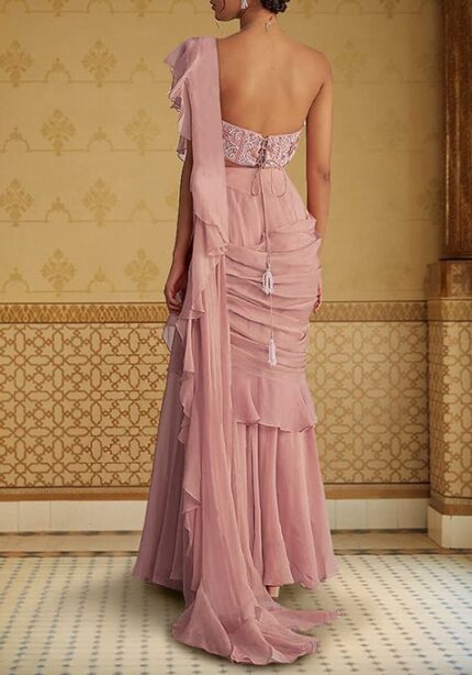 Blush Pre-Stitched Saree Set With Hand Embroidered Blouse