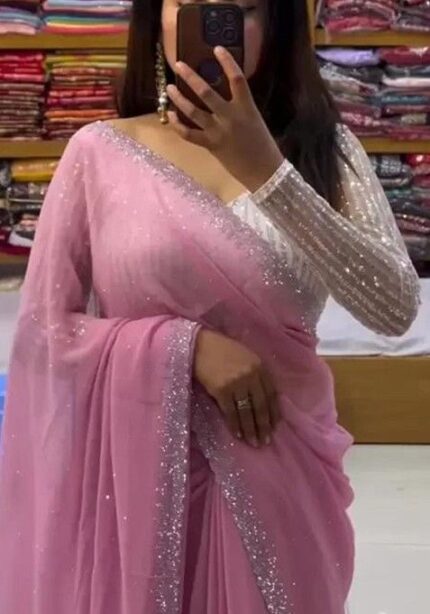 Pink Embellished Georgette Saree Set