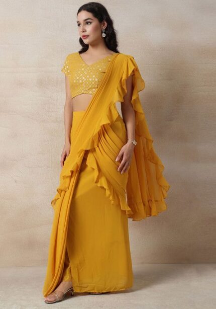 Mustard Yellow Ruffled Pre-Stitched Saree With Foil Blouse (Set of 2)