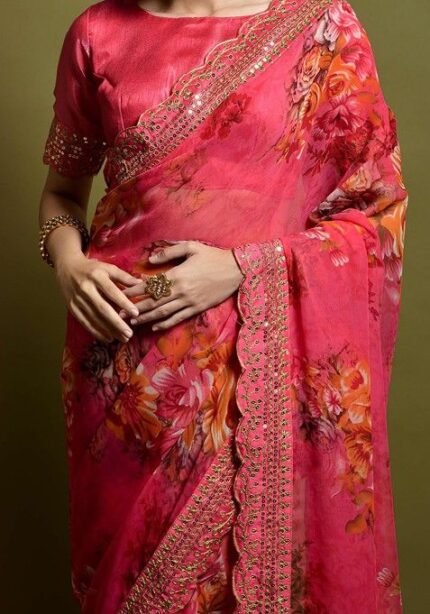 Pink Aari Embroidered Georgette Saree Set