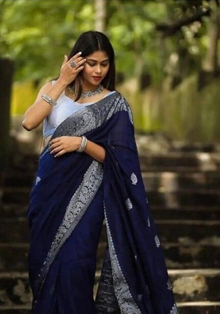 Navy Blue woven Kanjeevaram Saree Set