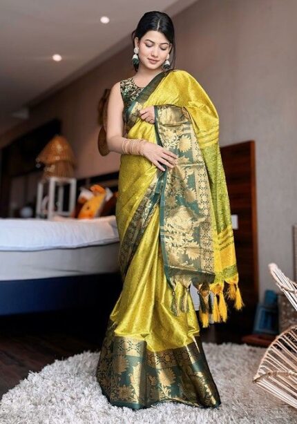 Lime Green Woven Poly Blend Saree Set