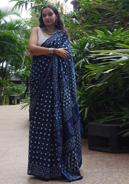 Indigo Blue Printed Cotton Saree