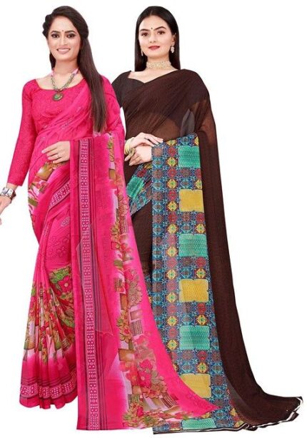 Brown Embroidered Georgette Saree Set