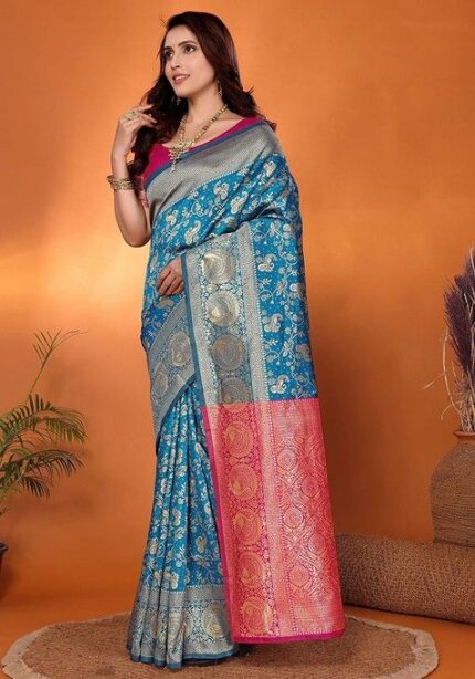 Blue Zari Kanjeevaram Silk Saree Set