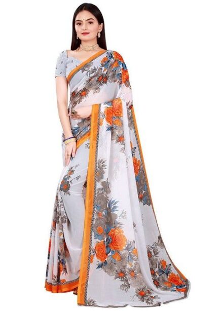 White Floral Georgette Saree Set