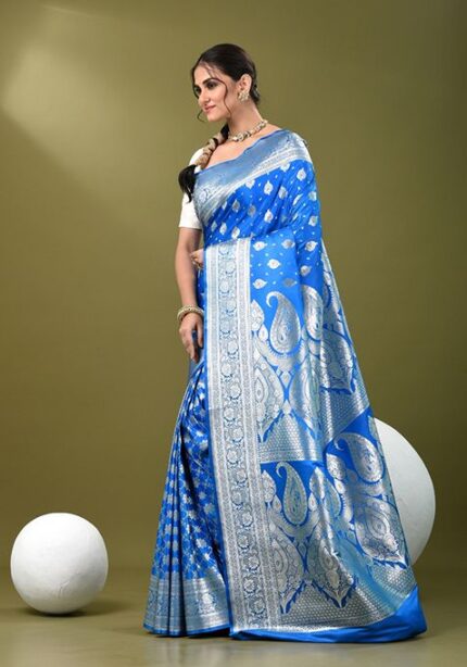 Sky Blue Zari Work Silk Saree Set