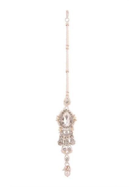 White Gold Plated Artificial Stone And Bead Necklace Set With Maang Tikka