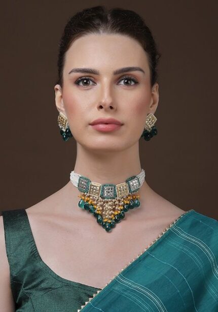 Green And Cream Gold Plated Kundan Pearl Drop Earrings