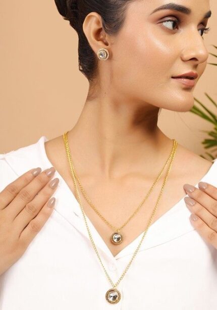 White Gold Tone Layered Kundan Polki Necklace