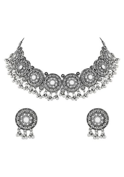 Navratri Ethnic Silver Oxidized Traditional Afghani Choker Necklace Jewellery Set