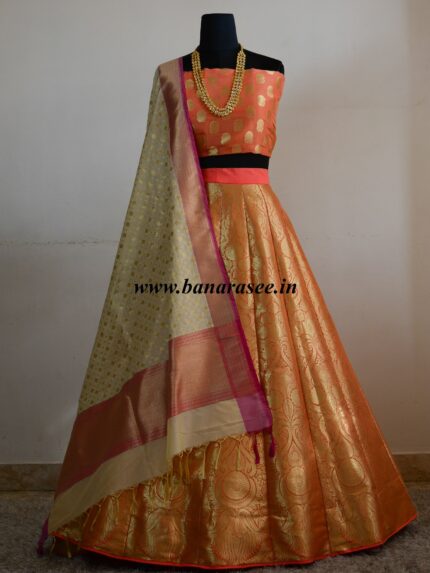 Banarasee/Banarasi Handwoven Art Silk Unstitched Lehenga & Blouse Fabric-Peach