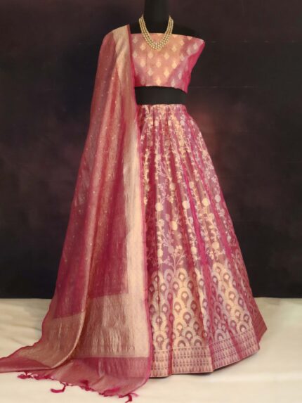 Banarasee Tissue Unstitched Lehenga & Blouse Fabric With Dupatta Set-Pink