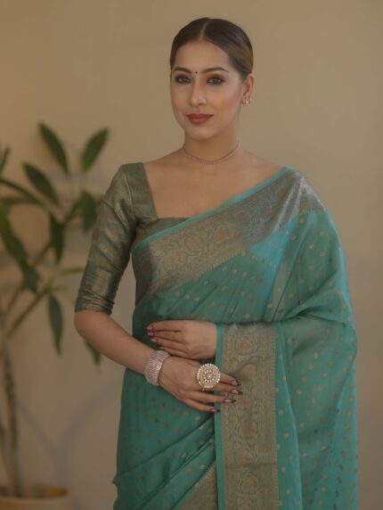 Banarasee Handwoven Semi Silk Saree With Antiue Zari Buti & Border-Pastel Green